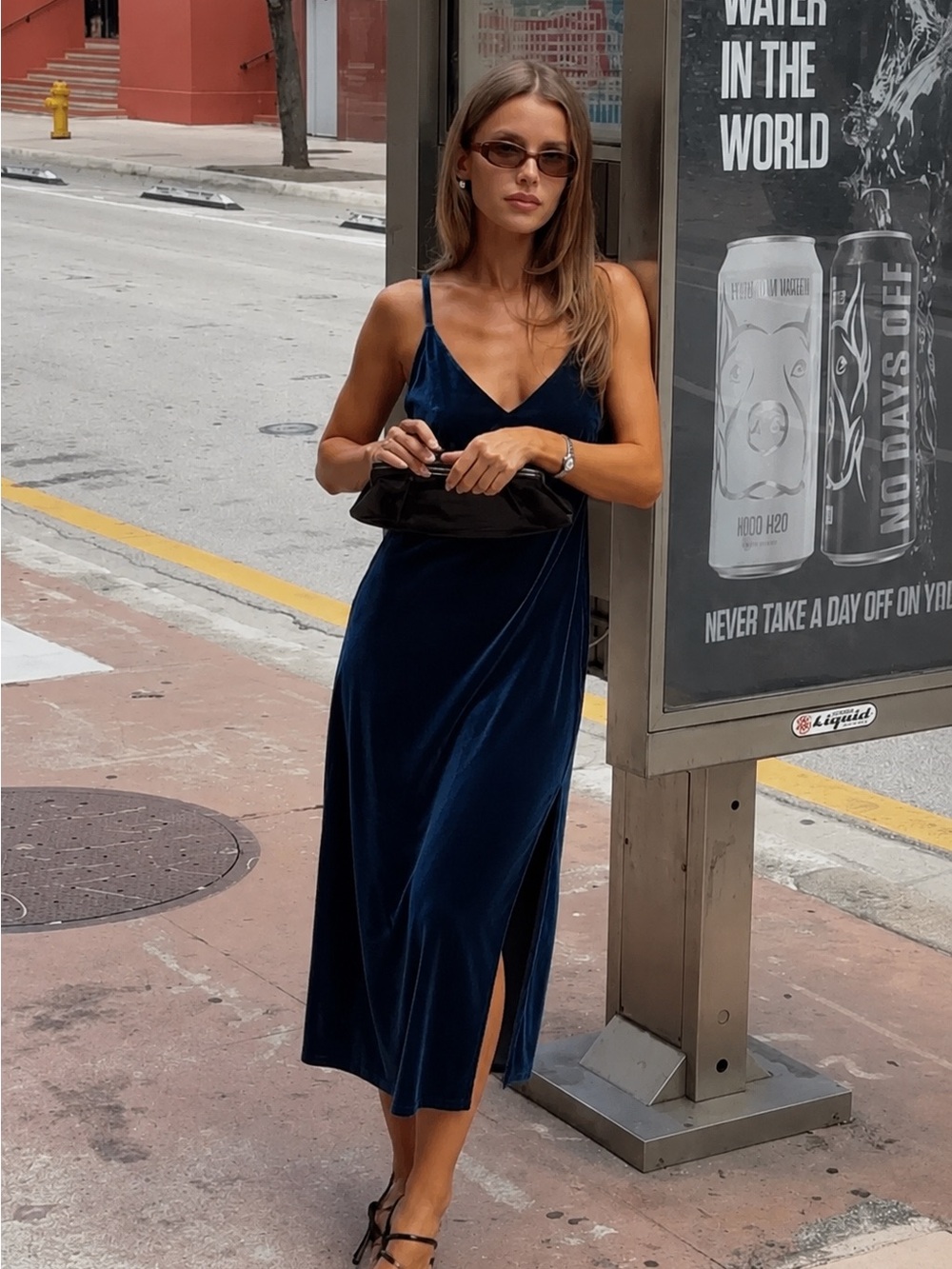 Old Navy Obscure Night Velvet Midi Slip Dress Cobalt Blue V-Neck Side Slit